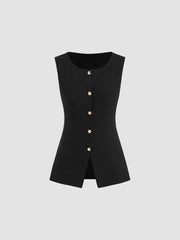 Knitted Boat Neck Solid Button Vest