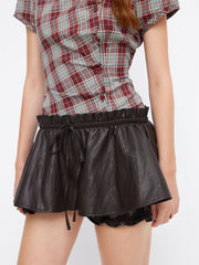 Faux Leather Low Rise Bowknot Lettuce Trim Mini Skort