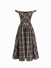 Cotton Plaid Off-shoulder Button Front Ruffle Midi Dress