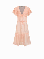 Chiffon V-neck Tiered Tie Front Lace Trim Oversized Maxi Dress