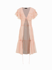 Chiffon V-neck Tiered Tie Front Lace Trim Oversized Maxi Dress