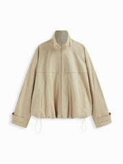 Cotton Stand Collar Zip Through Drawstring Oversized Jacket