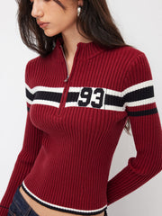 93 Knit High Neck Half Zip Contrasting Binding Top