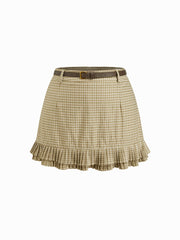 Plaid Low Rise Pleated Layered Micro Mini Skirt With Belt Curve & Plus