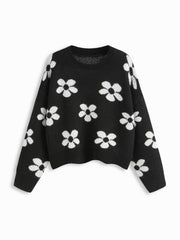 Knit Round Neckline Floral Sweater