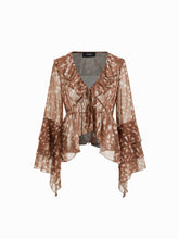 Chiffon V-neck Deer Print Knotted Ruffle Layered Long Sleeve Blouse