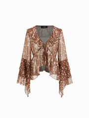 Chiffon V-neck Deer Print Knotted Ruffle Layered Long Sleeve Blouse