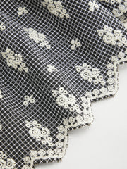 Cotton-blend Mid Rise Check Floral Embroidery Elastic Waist Tiered Maxi Skirt