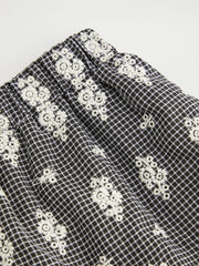 Cotton-blend Mid Rise Check Floral Embroidery Elastic Waist Tiered Maxi Skirt