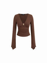 V-neck Metal Detail Long Sleeve Ruched Lettuce Trim Top