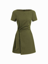 Boat Neck Ruched Knotted Split Sleeve Mini Dress