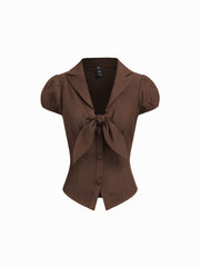 Collar Knotted Split Puff Sleeve Crop Top