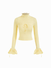 Knit Stand Collar Pointelle Lettuce Trim Drawstring Bell Sleeve Top