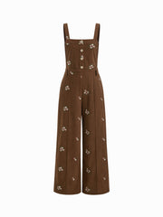 Corduroy Floral Backless Pocket Wide Leg Jumpsuit