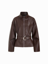 Faux Leather Stand Collar Zip Through Jacket With Belt