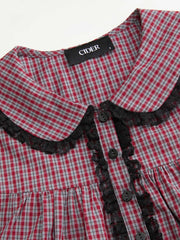 100% Cotton Peter Pan Collar Plaid Lace Trim Puff Sleeve Knotted Mini Dress