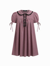 100% Cotton Peter Pan Collar Plaid Lace Trim Puff Sleeve Knotted Mini Dress