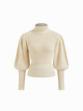 Knit High Neck Lantern Long Sleeve Cinched Waist Top