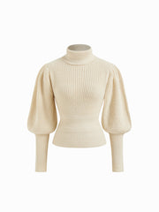 Knit High Neck Lantern Long Sleeve Cinched Waist Top