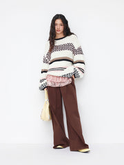 Knit Crochet Round Neck Striped Contrasting Binding Oversized Sweater