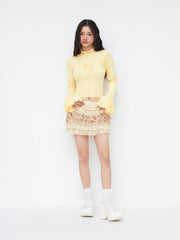 Knit Stand Collar Pointelle Lettuce Trim Drawstring Bell Sleeve Top
