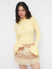 Knit Stand Collar Pointelle Lettuce Trim Drawstring Bell Sleeve Top