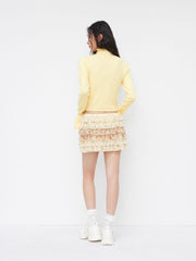 Knit Stand Collar Pointelle Lettuce Trim Drawstring Bell Sleeve Top