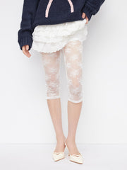 Lace Two Piece Mid Rise Floral Bowknot Capri Shorts