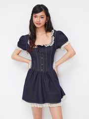 Stretch Denim Lace Trim Puff Sleeve A-line Mini Dress