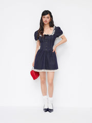 Stretch Denim Lace Trim Puff Sleeve A-line Mini Dress