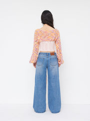 Knit Crochet Round Neckline Knotted Long Sleeve Crop Top