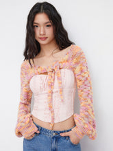 Knit Crochet Round Neckline Knotted Long Sleeve Crop Top