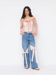 Knit Crochet Round Neckline Knotted Long Sleeve Crop Top