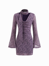 Lace Cowl Neck Ruched Mini Dress With Scarf