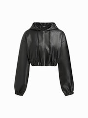Faux Leather Hooded Drawstring Zip Through Crop Jacket