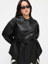 Faux Leather Collar Shacket With Belt Curve & Plus