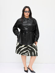 Faux Leather Collar Shacket With Belt Curve & Plus