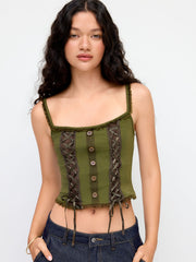 Cotton-blend Scoop Neckline Lace Up Lettuce Trim Crop Cami Top