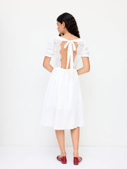 Cotton V-neck Lace Floral Ruffle Cut Out Back Knotted Maxi Dress