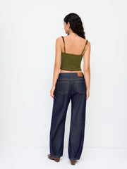 Cotton-blend Scoop Neckline Lace Up Lettuce Trim Crop Cami Top