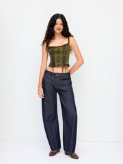 Cotton-blend Scoop Neckline Lace Up Lettuce Trim Crop Cami Top
