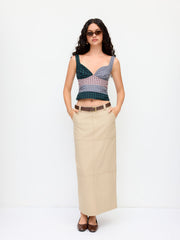 Cotton-blend Sweetheart Neck Tartan Patched Shirred Tank Top