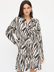 Zebra Striped Collar Long Sleeve Mini Shirt Dress
