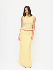 High Neck Texture Lettuce Trim Top & Mid Rise Maxi Skirt Set