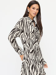 Zebra Striped Collar Long Sleeve Mini Shirt Dress