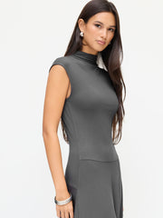 High Neck Asymmetrical Hem Midi Dress
