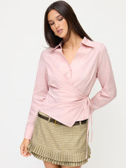 100% Cotton Collar V-neck Long Sleeve Wrap Tie Side Shirt