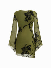 Mesh V-neck Floral Asymmetrical Hem Mini Dress