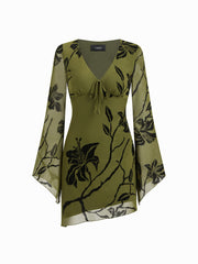 Mesh V-neck Floral Asymmetrical Hem Mini Dress