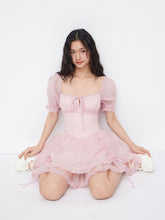 U-neckline Lettuce Trim Drawstring Lace Up Puff Sleeve Mini Dress
